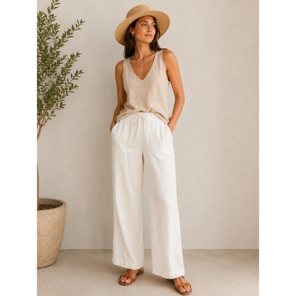 GAP Pants - GAP Lined 100% Linen Wide Leg Drawstring Pants Size 12 White Summer Effortless